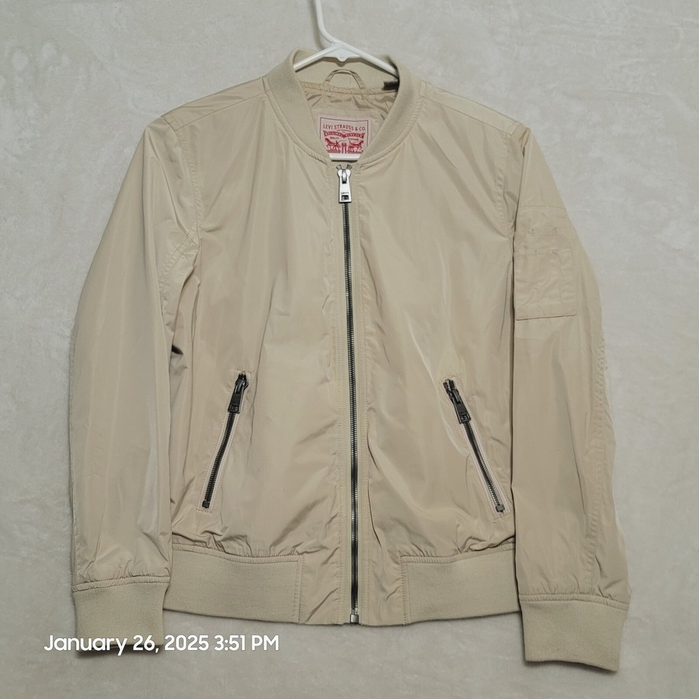 Levi Strauss & Co Windbreaker Jacket XL Lined Zipper Pull Sleeve Pockets Beige